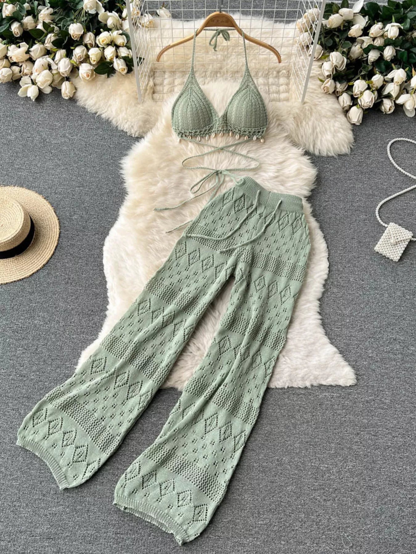 Crochet Knit Halter Neck Top and Wide Leg Pants Set