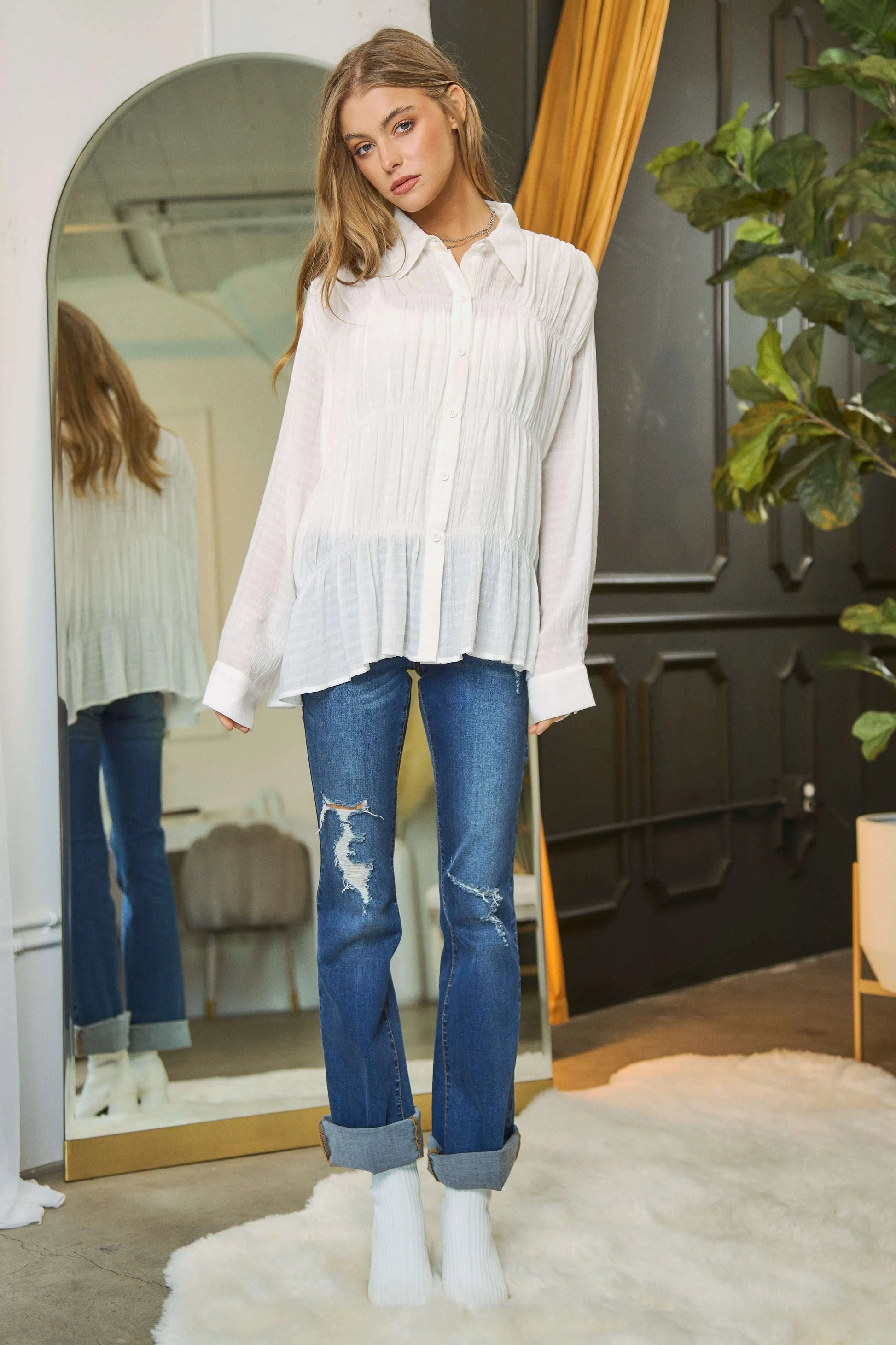 Davi & Dani Ruched All Over Button Front Shirt