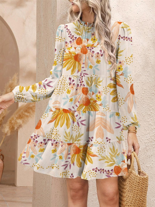FAM-FAM Tiered Printed Long Sleeve Mini Dress Tangerine
