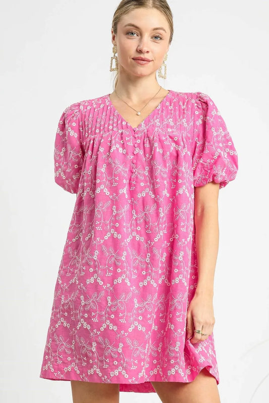 Umgee Floral Puff Sleeve V-Neck Mini Dress Hot Pink