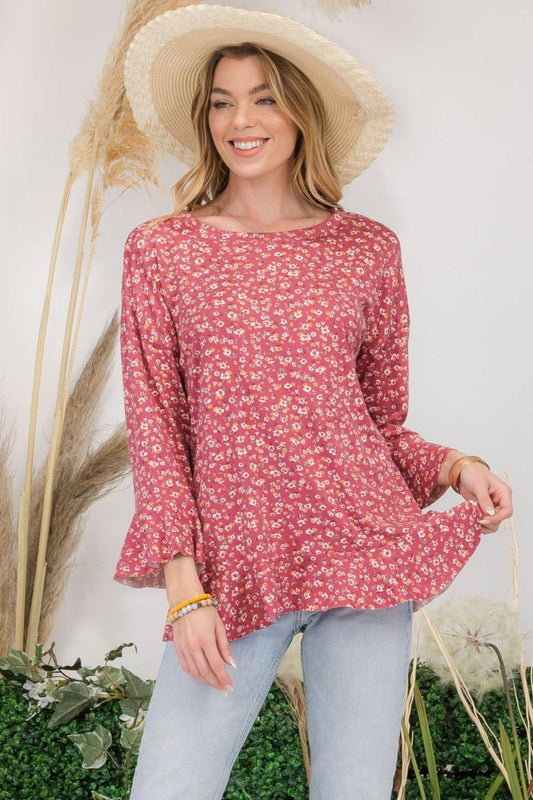 Celeste Full Size Floral Ruffle Detail Top Mauve