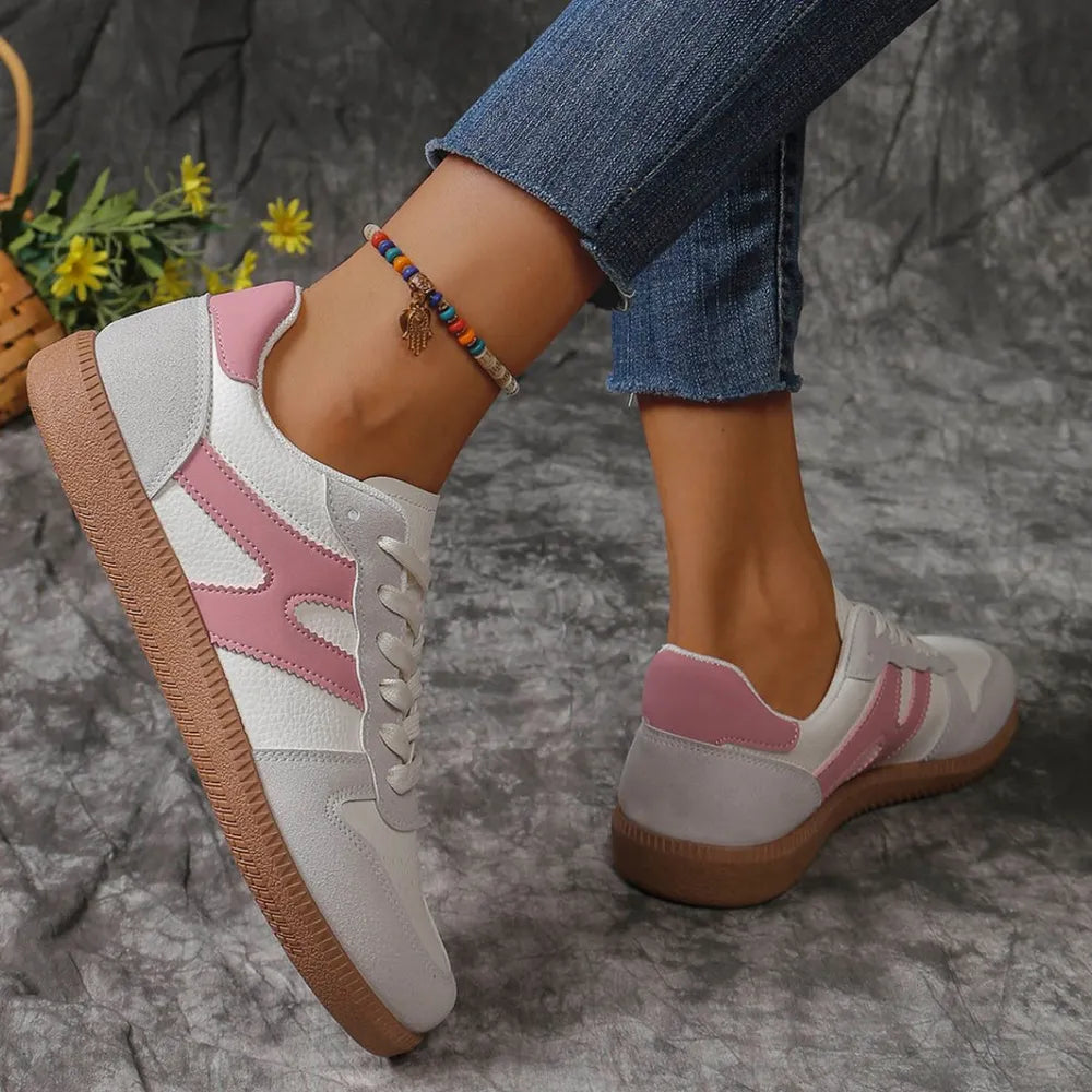 Contrast Lace Up Round Toe Flats Sneakers Pink