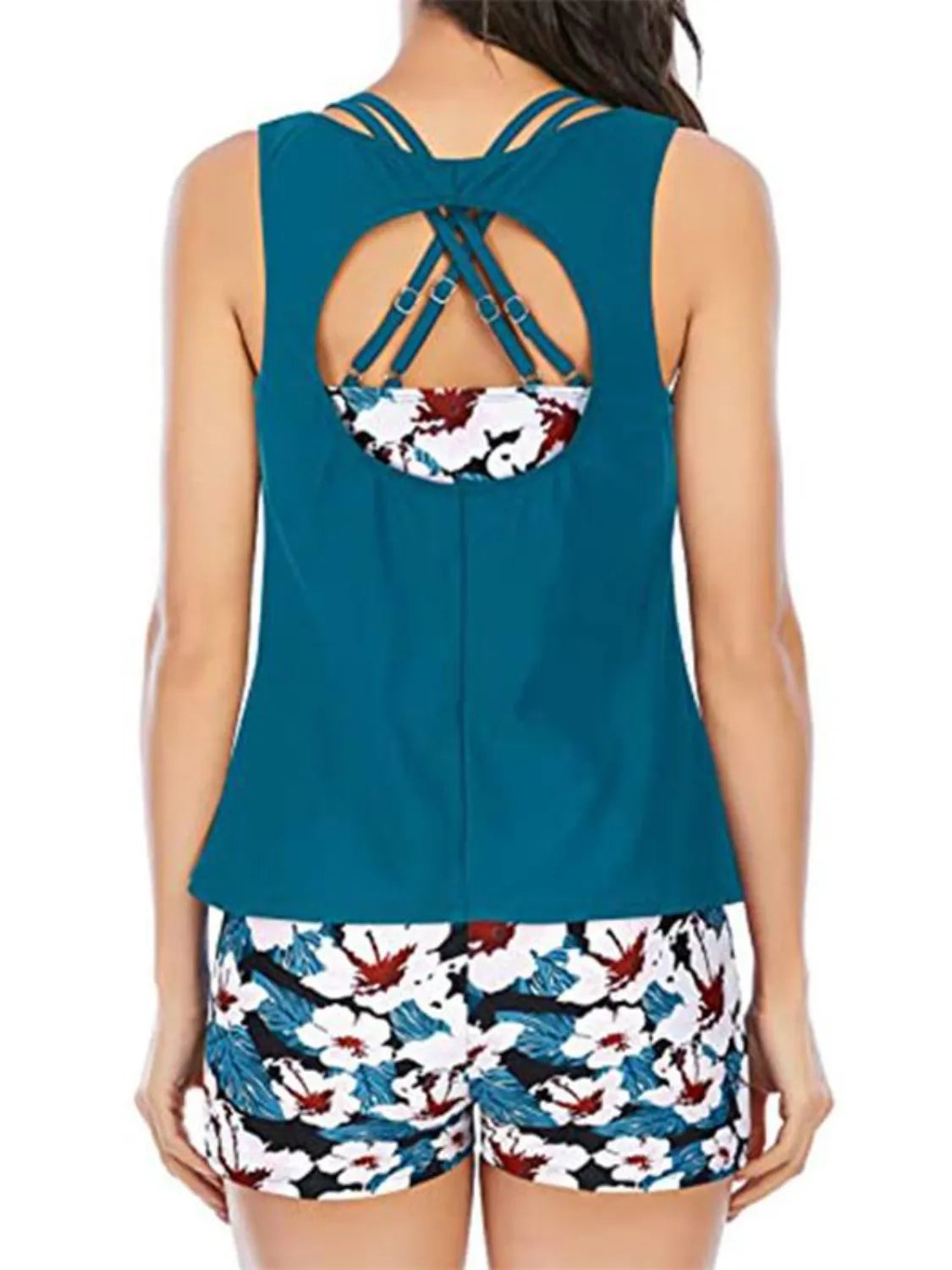 Cutout Printed Round Neck Three-Piece Swim Set Deep Teal