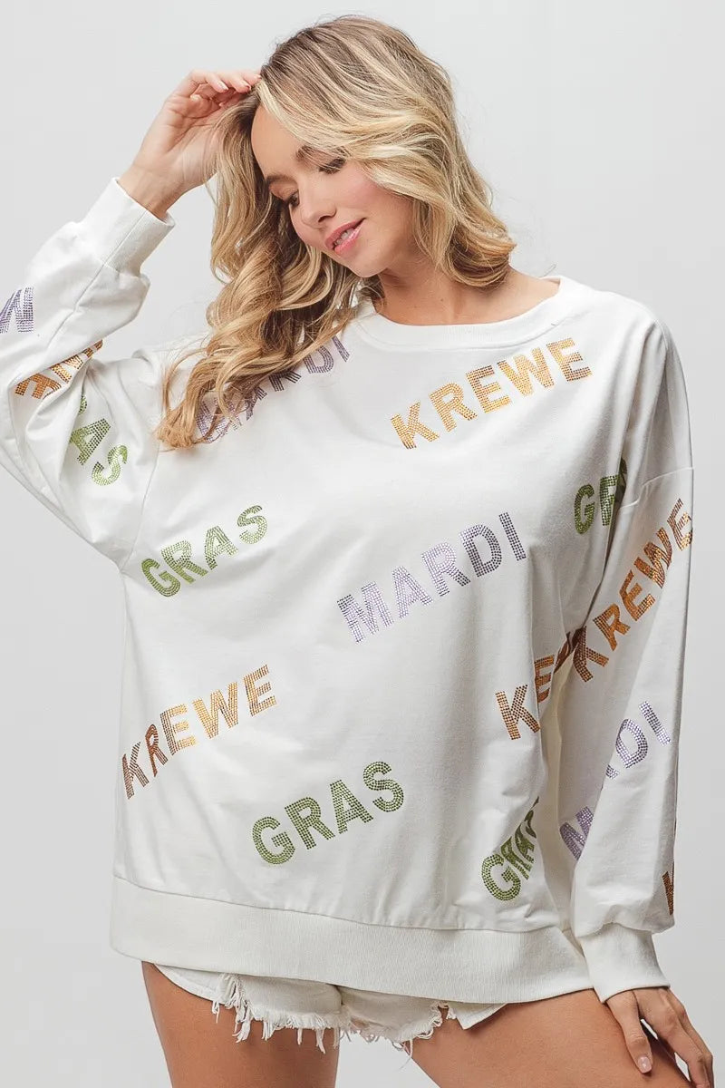 BiBi Rhinestone Mardi Gras Krewe Pullover
