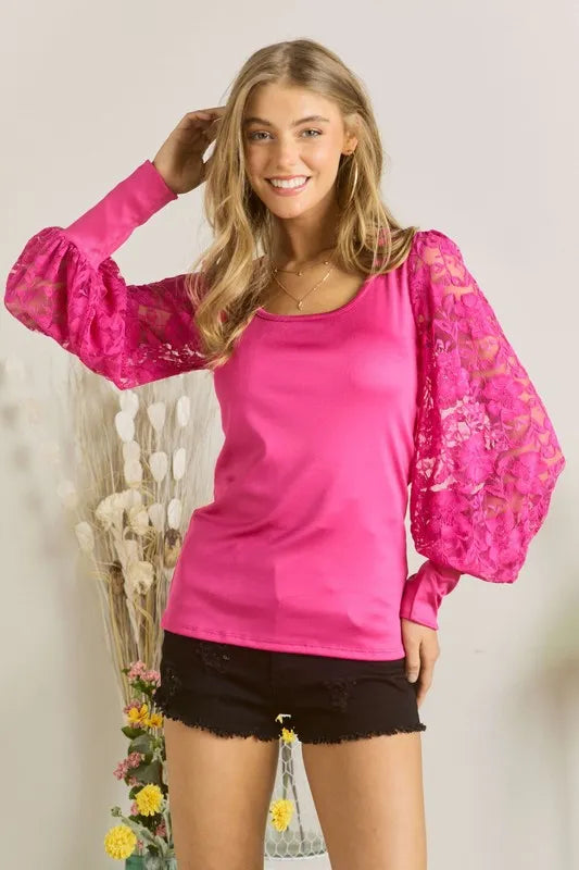 ADORA Lace Splicing Puff Sleeve Top FUCHSIA