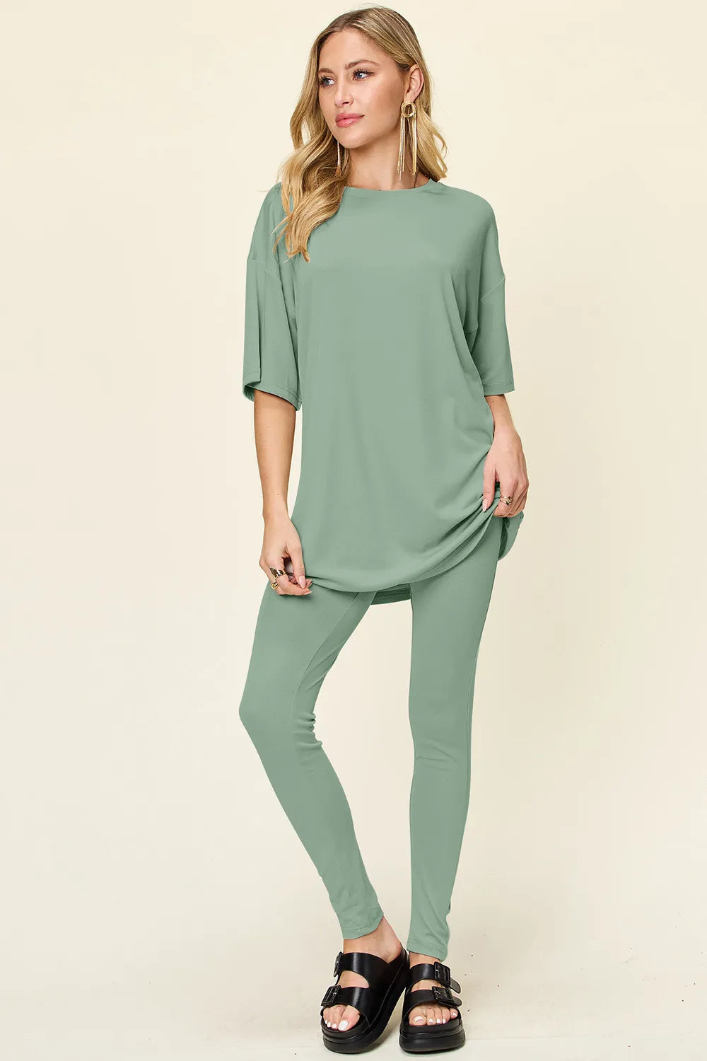 Double Take Full Size Round Neck Dropped Shoulder T-Shirt and Leggings Set Light Green