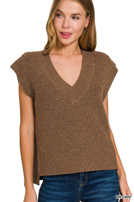 Zenana Oversized Sweater Vest with Side Slit BROWN