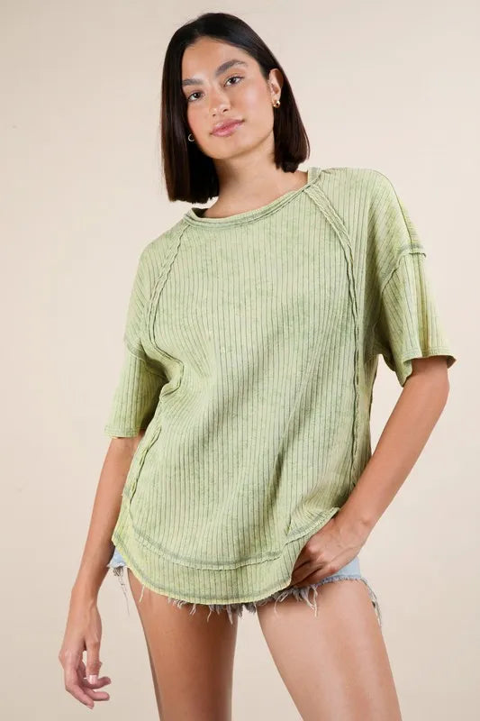 VERY J Mineral Washed Ribbed Knit Casual Top Sage