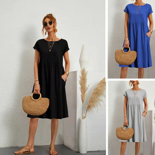 Women's Cotton Round Neck A-line Skirt Dress