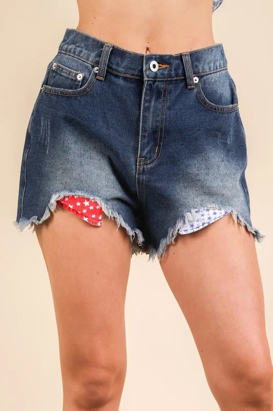 VERY J Raw Hem Pocketed Contrast Washed Denim Shorts Denim