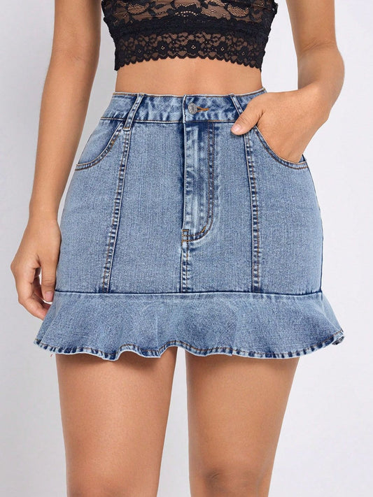 Ruffled Hem Denim Mini Skirt Light