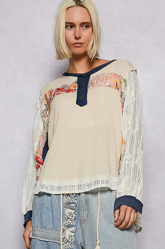 POL Button Detail Floral Patchwork Crochet Sleeve Blouse Beige