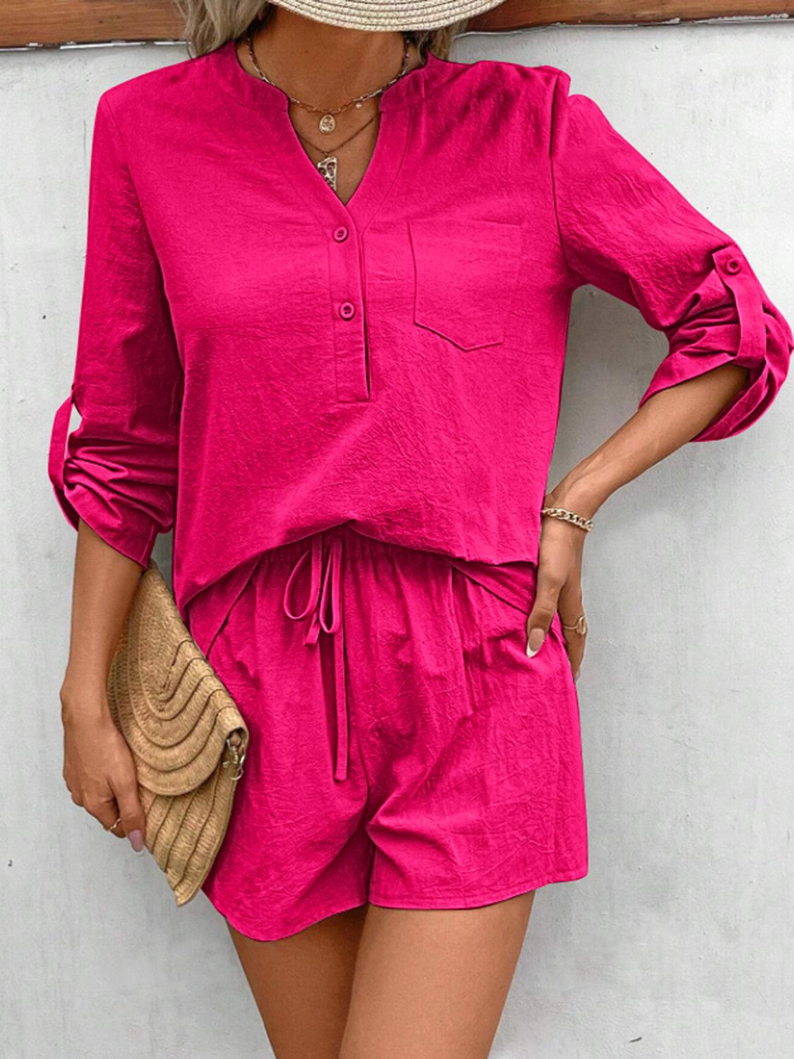 Notched Long Sleeve Top and Shorts Set Hot Pink