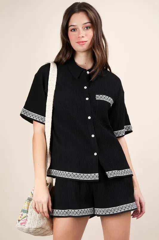 VERY J Crinkled Woven Shirt Top & Shorts Set Black