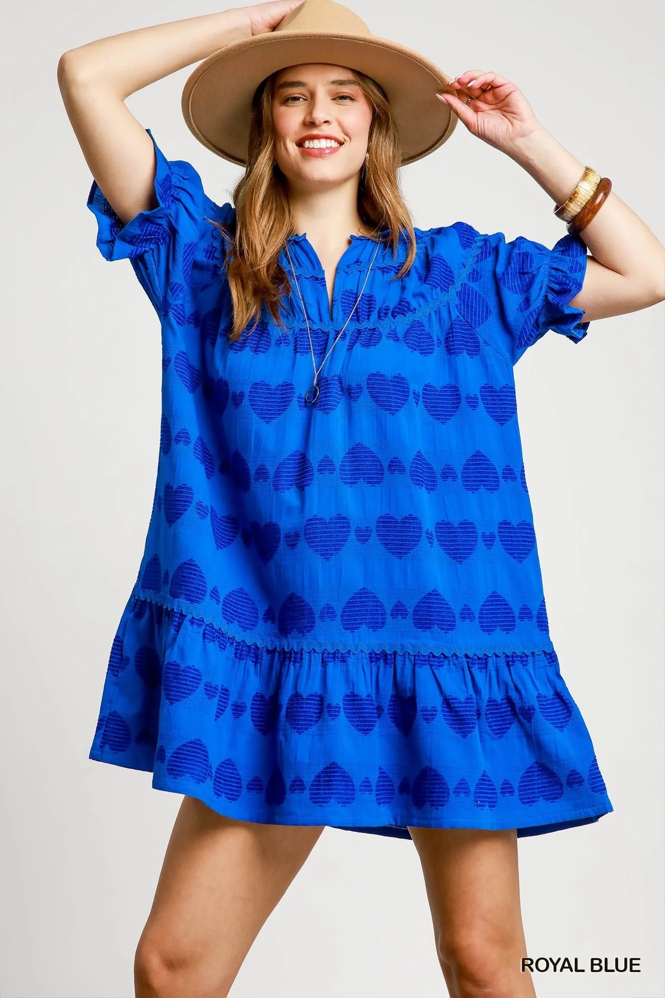 Umgee Heart Pattern Short Sleeve Ruffle Babydoll Dress Royal Blue