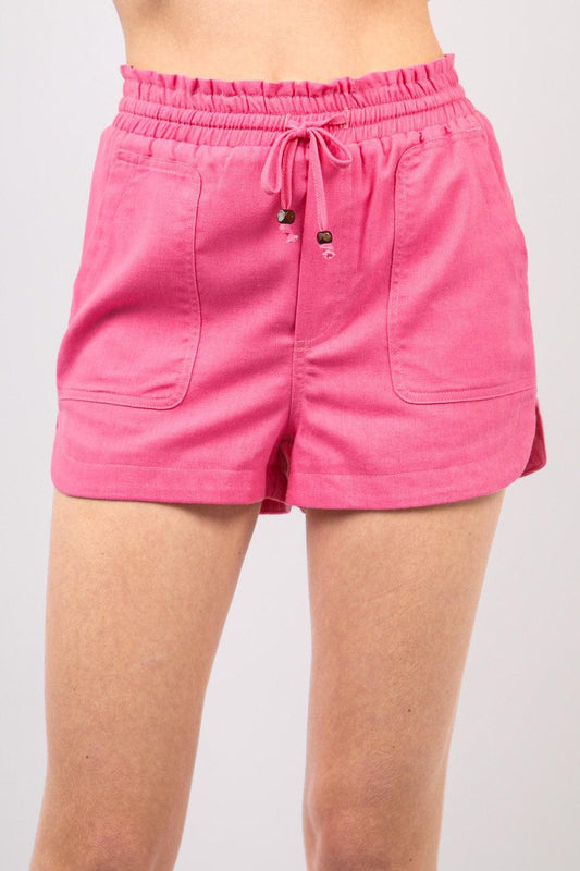 VERY J Drawstring Elastic Waist Linen Shorts Fuchsia