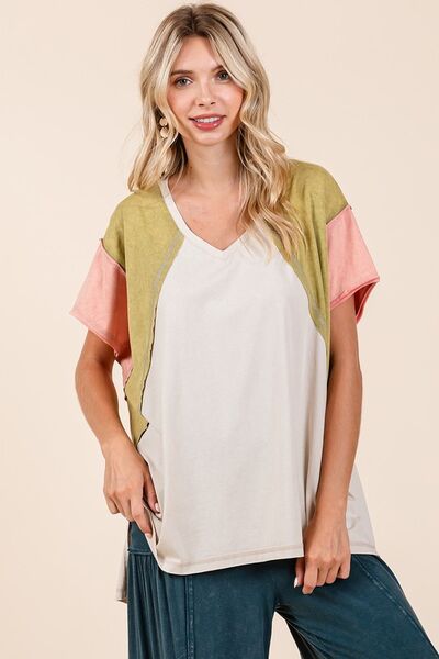 Mittoshop Color Block V-Neck Short Sleeve T-Shirt Olive Combo