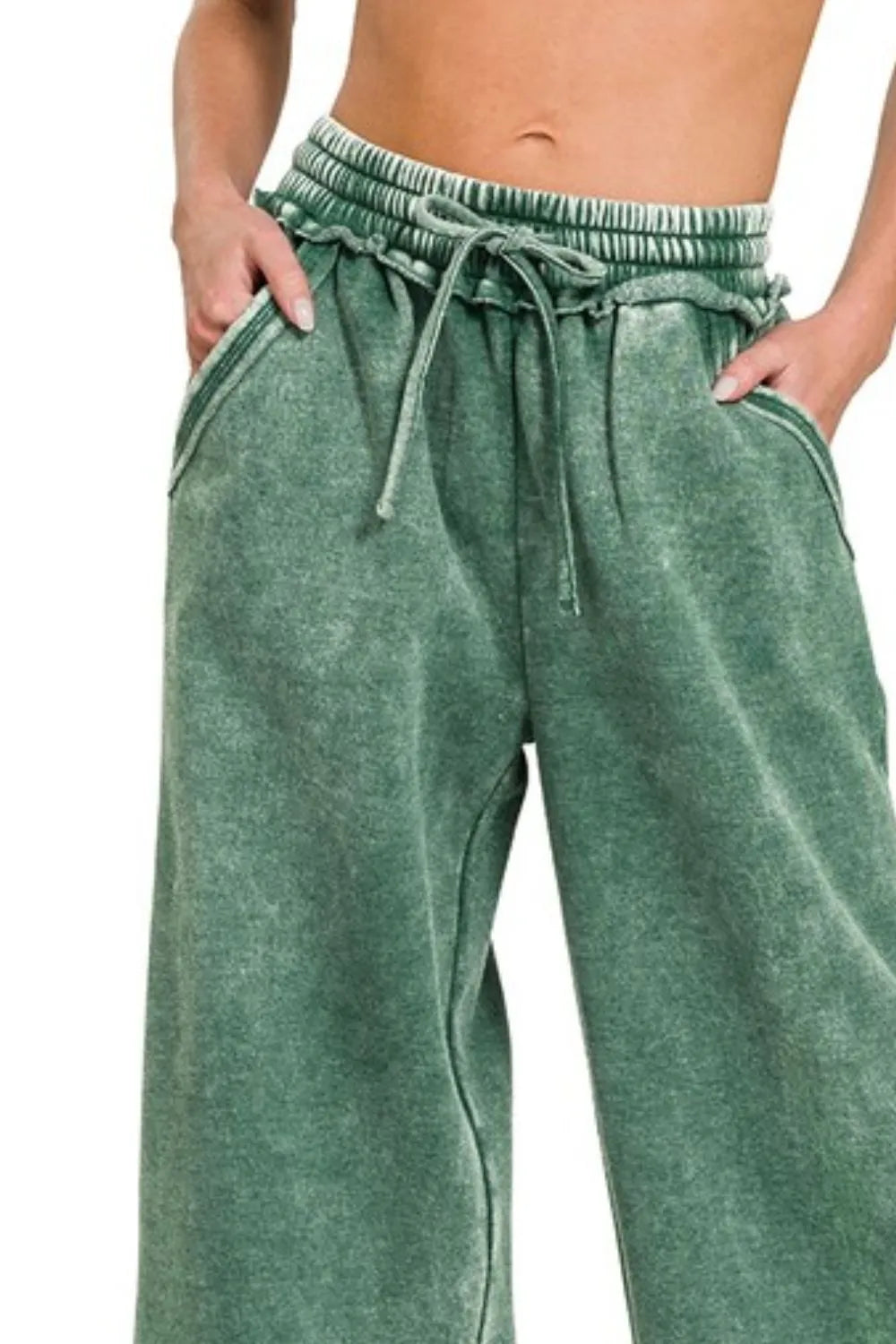 Zenana Acid Wash Fleece Palazzo Sweatpants with Pockets