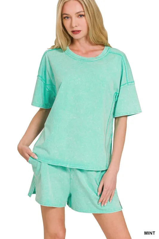 Zenana Acid Washed Short Sleeve Tee & Shorts Set MINT