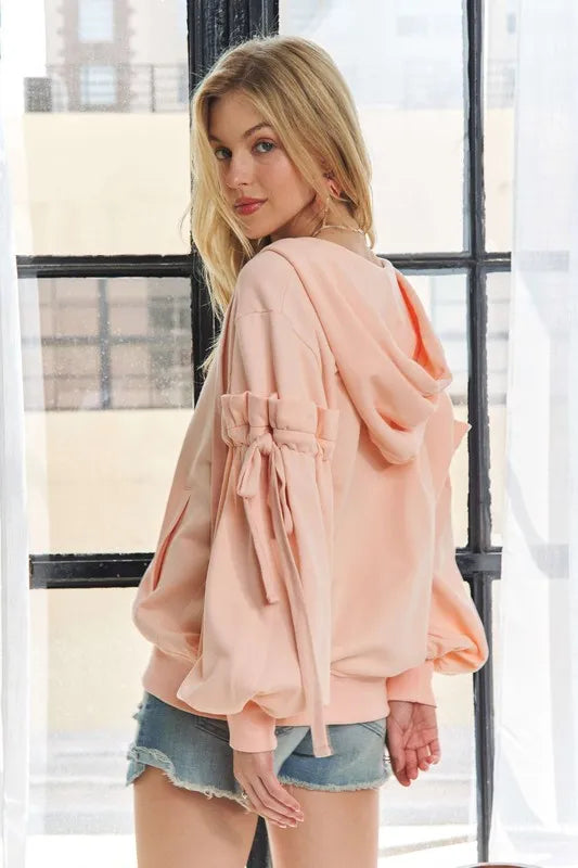 ADORA Ruffled Puff Sleeve Zip Up Hoodie