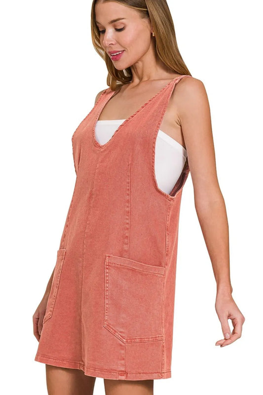 Zenana Washed Adjustable Strap Denim Overall Dress CABERNET