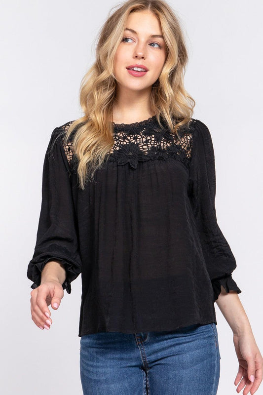 ACTIVE BASIC Crochet Lace Panel Flounce Sleeve Blouse Black