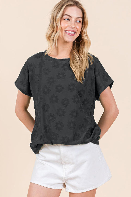 BOMBOM Textured Floral Pattern Short Sleeve T-Shirt Black