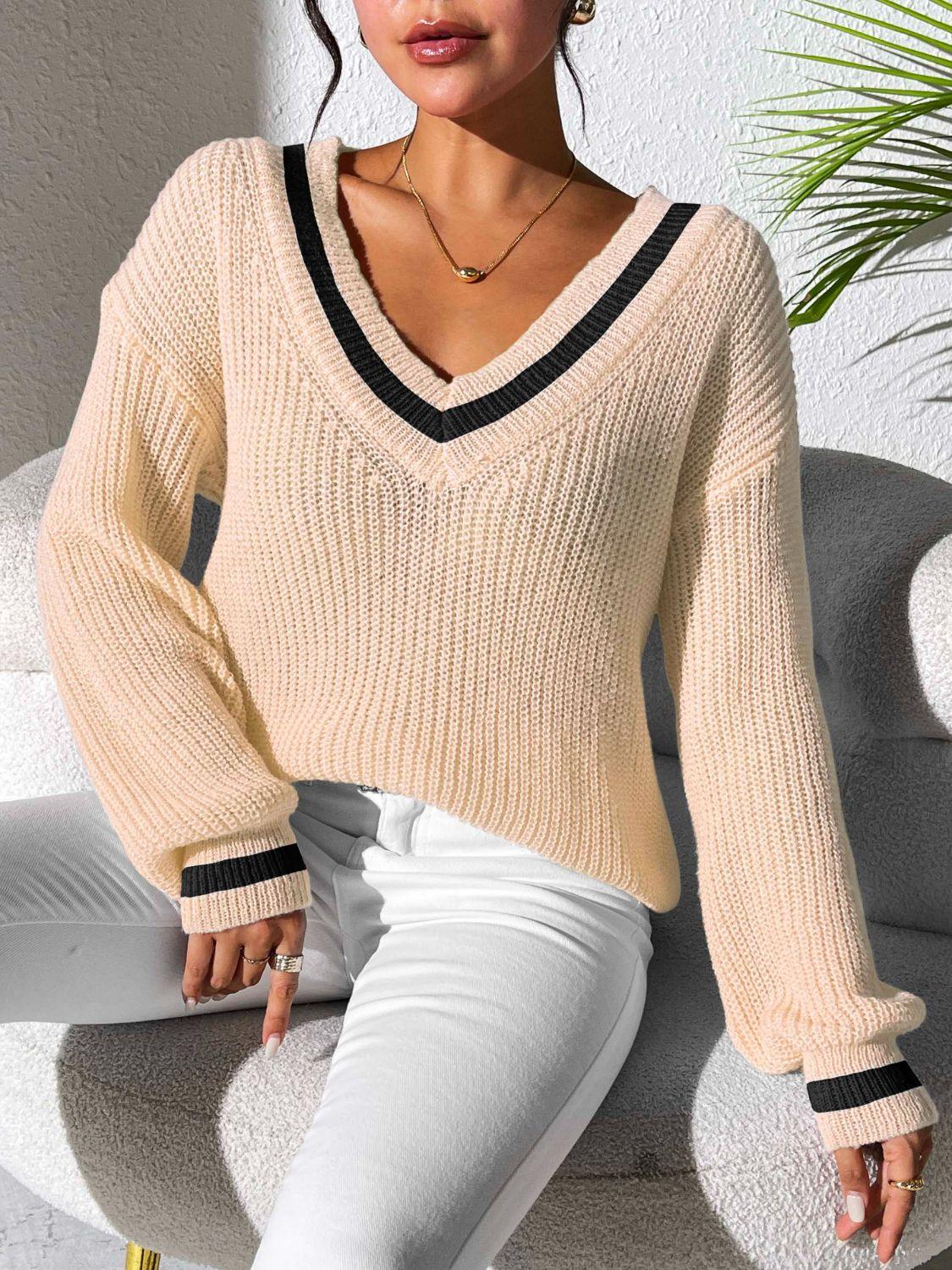 Contrast Trim V-Neck Long Sleeve Sweater Tan