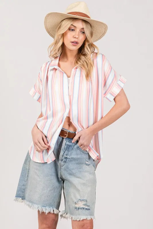 SAGE+FIG Full Size Multi Stripe Button Down Short Sleeve Shirt Plus Size