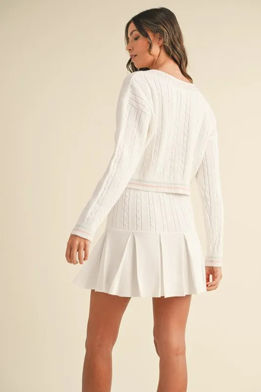 MABLE V-Neck Varsity Crop Knit Sweater and Skirt Set