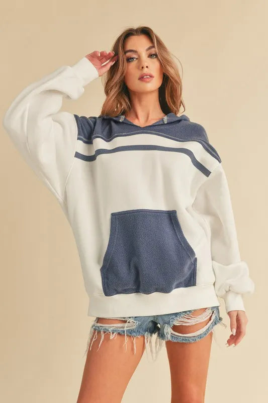 Aemi + Co Color Block Drop Shoulder Hoodie with Kangaroo Pocket
