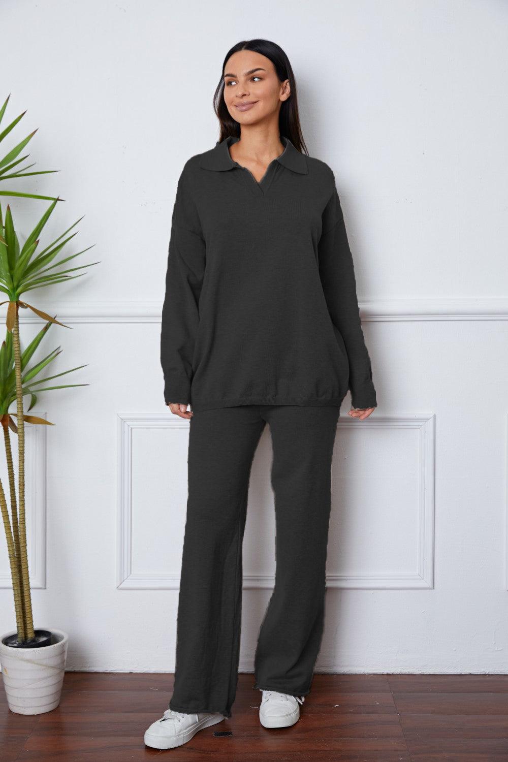 Dropped Shoulder Sweater and Long Pants Set Black One Size