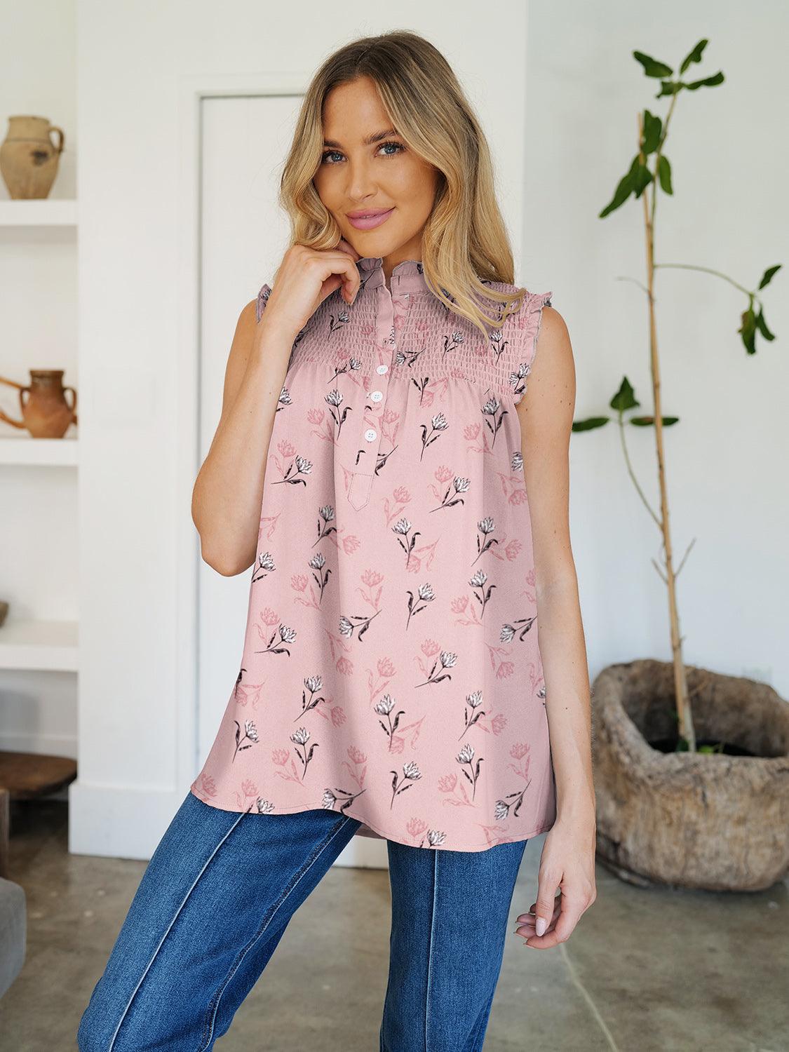 FAM-FAM Frill Printed Mock Neck Top Dusty Pink