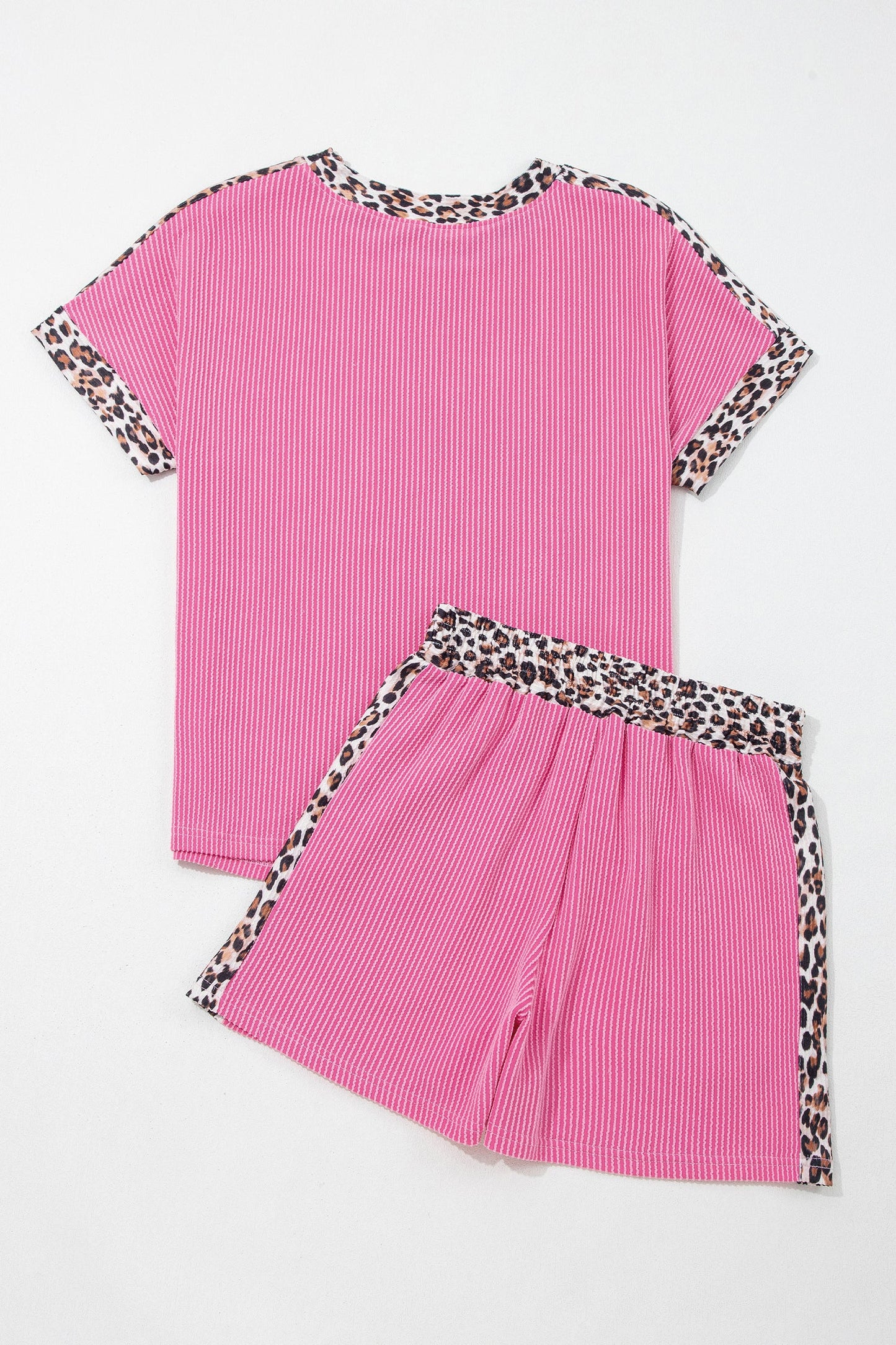 Leopard Trim Corded Knit Top & Shorts Set