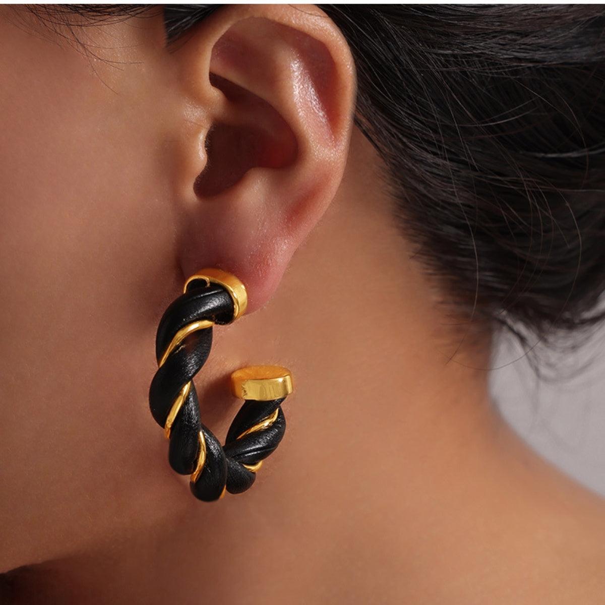 Twisted Leather Rope C-Hoop Earrings Black One Size
