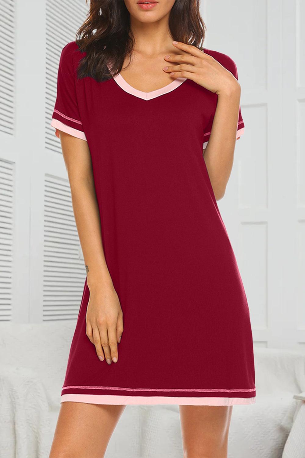 Contrast Trim Short Sleeve Lounge Dress Burgundy