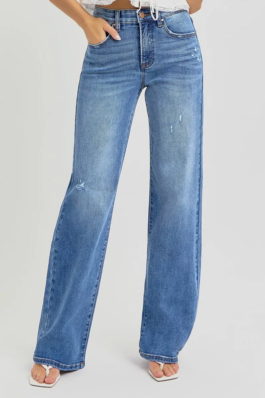 RISEN Full Size Tummy Control Elastic Band High Rise Wide Jeans Plus Size MEDIUM