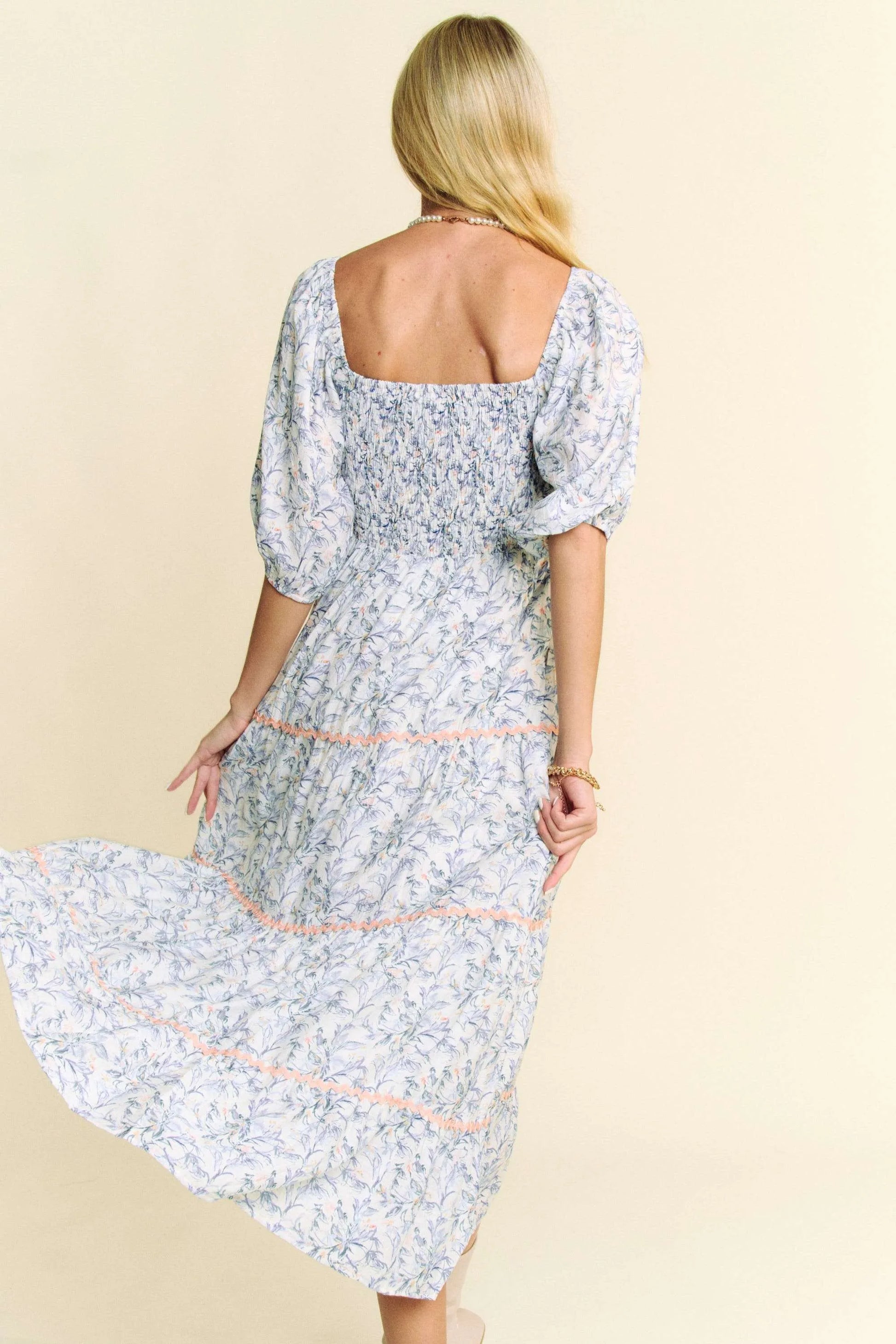 Davi & Dani Contrast Ric Smocking Bodice Tiered Midi Dress