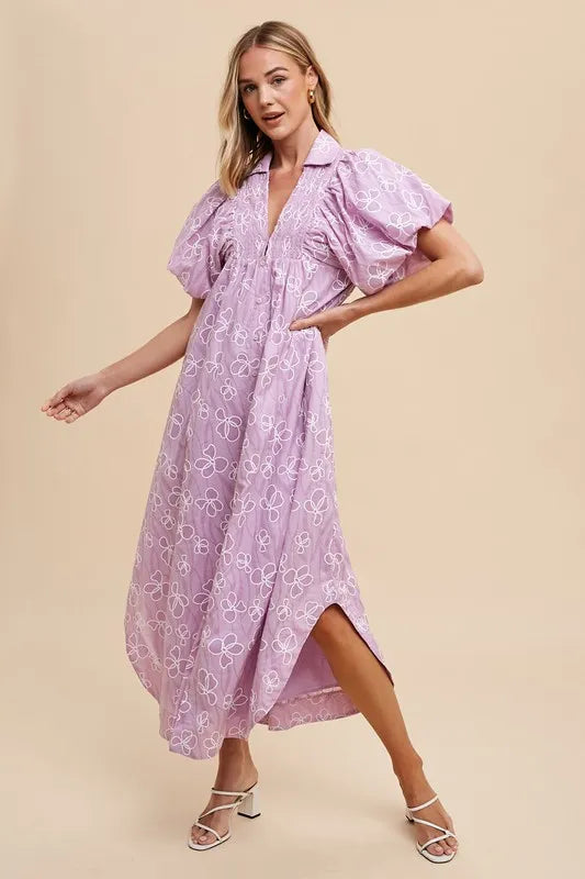 Annie Wear Floral Smock Detail Puff Sleeve Dress Pink Purple