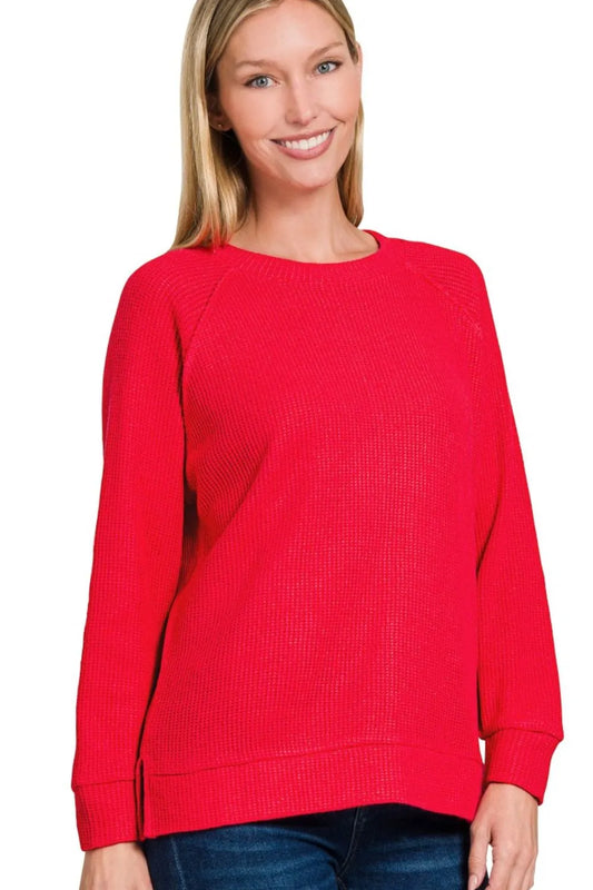 Zenana Round Neck Raglan Long Sleeve Sweater TOMATO