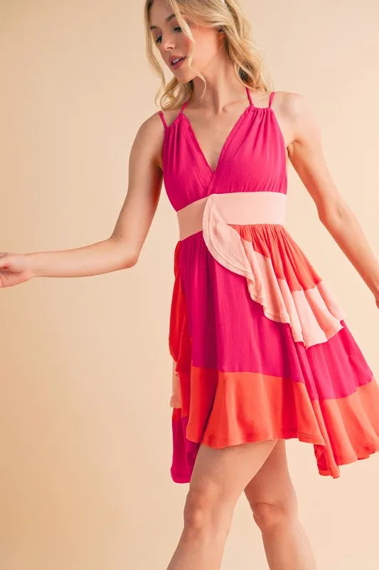 Aemi+Co Ruffled Color Block Sleeveless Mini Dress