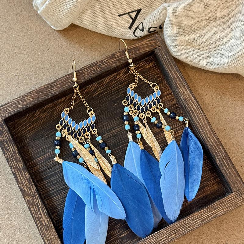 Alloy Rice Bead Dangle Earrings Blue One Size