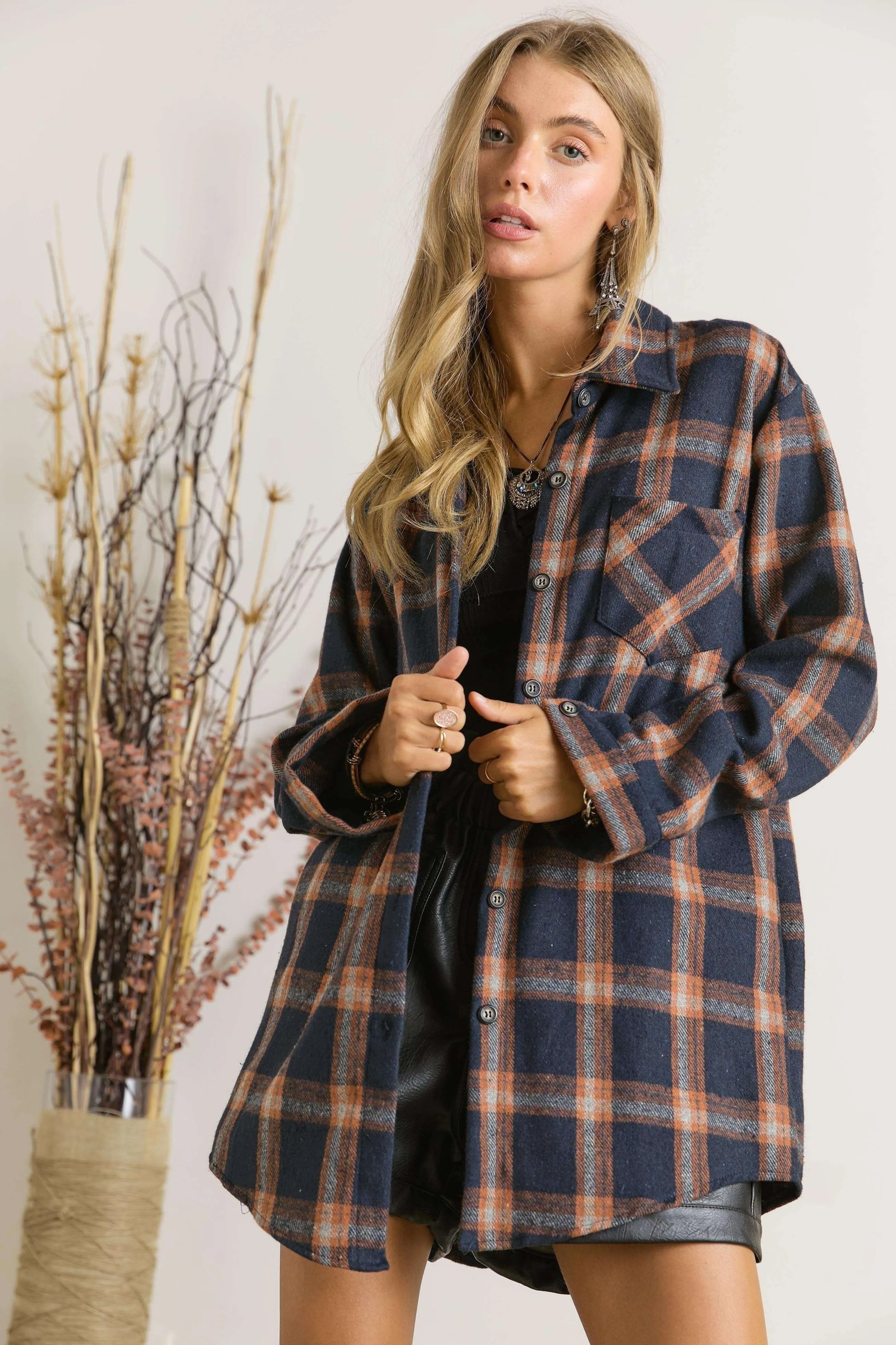 ADORA Full Size Button Down Flannel Shirt Plus Size