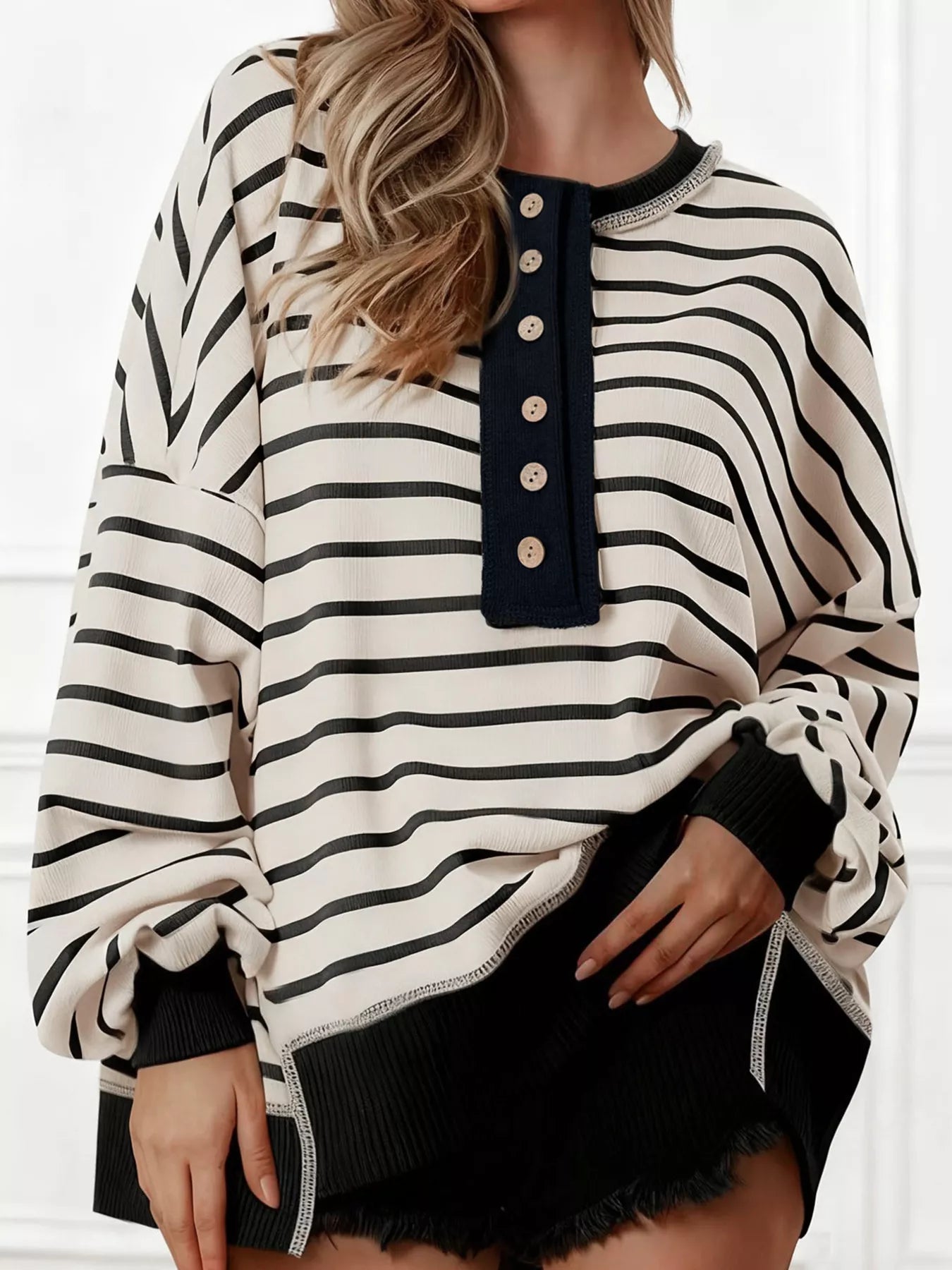 Striped Button Detail Casual Sweatshirt