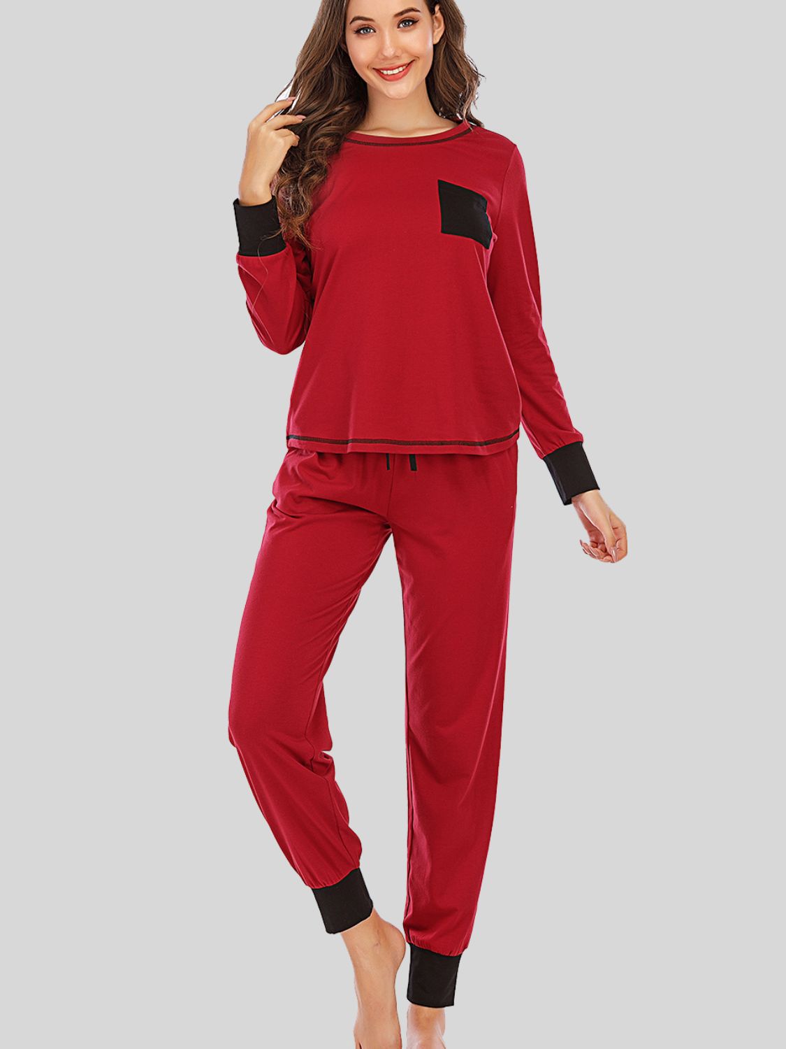 Round Neck Top and Pants Lounge Set Wine
