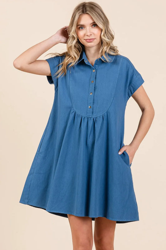 Mittoshop Twill Short Sleeve Collared Mini Dress DENIM