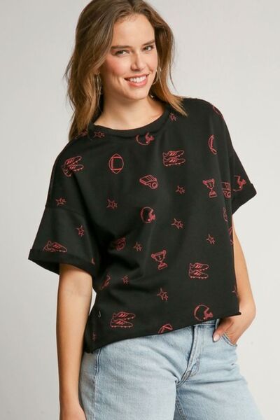 Umgee Full Size Game Day French Terry Graphic Top Plus Size Black