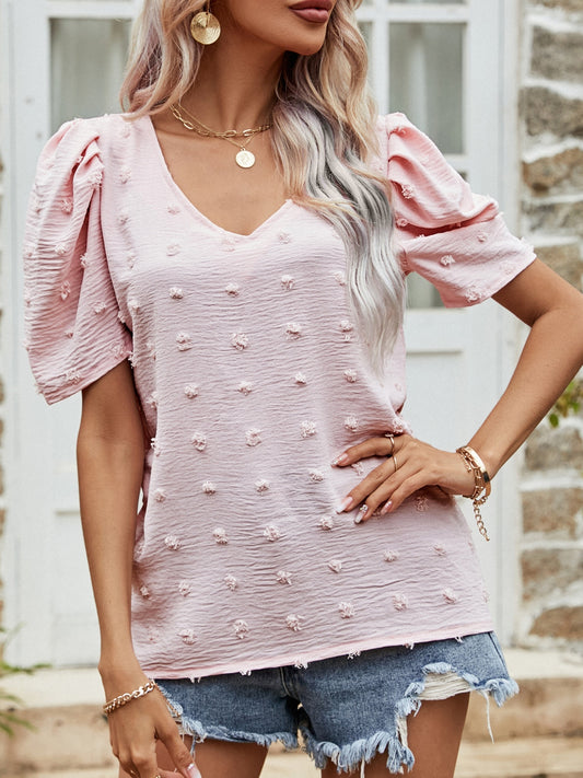 Swiss Dot Short Puff Sleeve Top Blush Pink