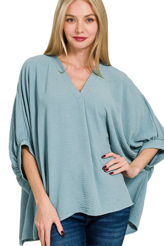 Zenana Woven Airflow V-neck Puff Half Sleeve Top