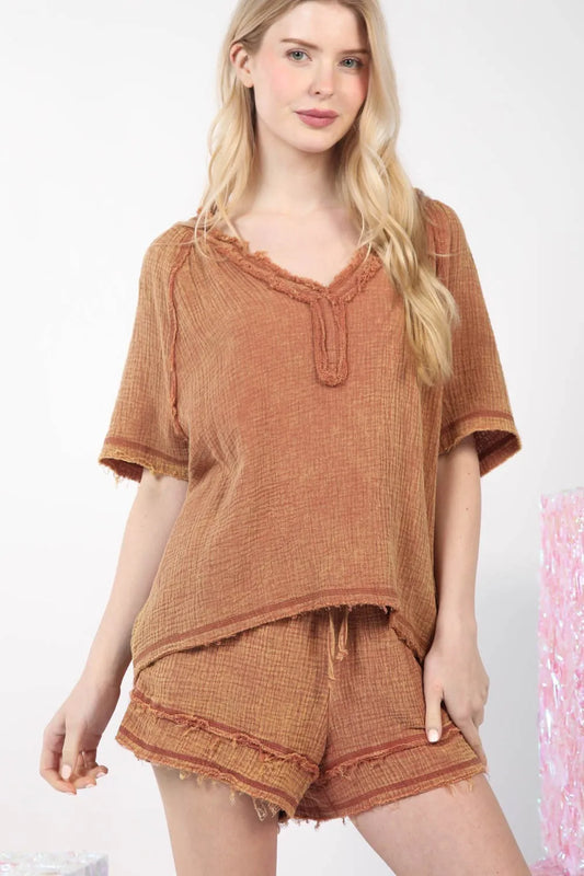 VERY J Washed Cotton Crinkle Gauze Top and Shorts Set Mocha